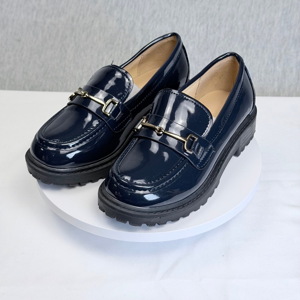 Coutgo Girls Navy Blue Patent Platform Loafers Gold Chain Slip On Size 12 Child